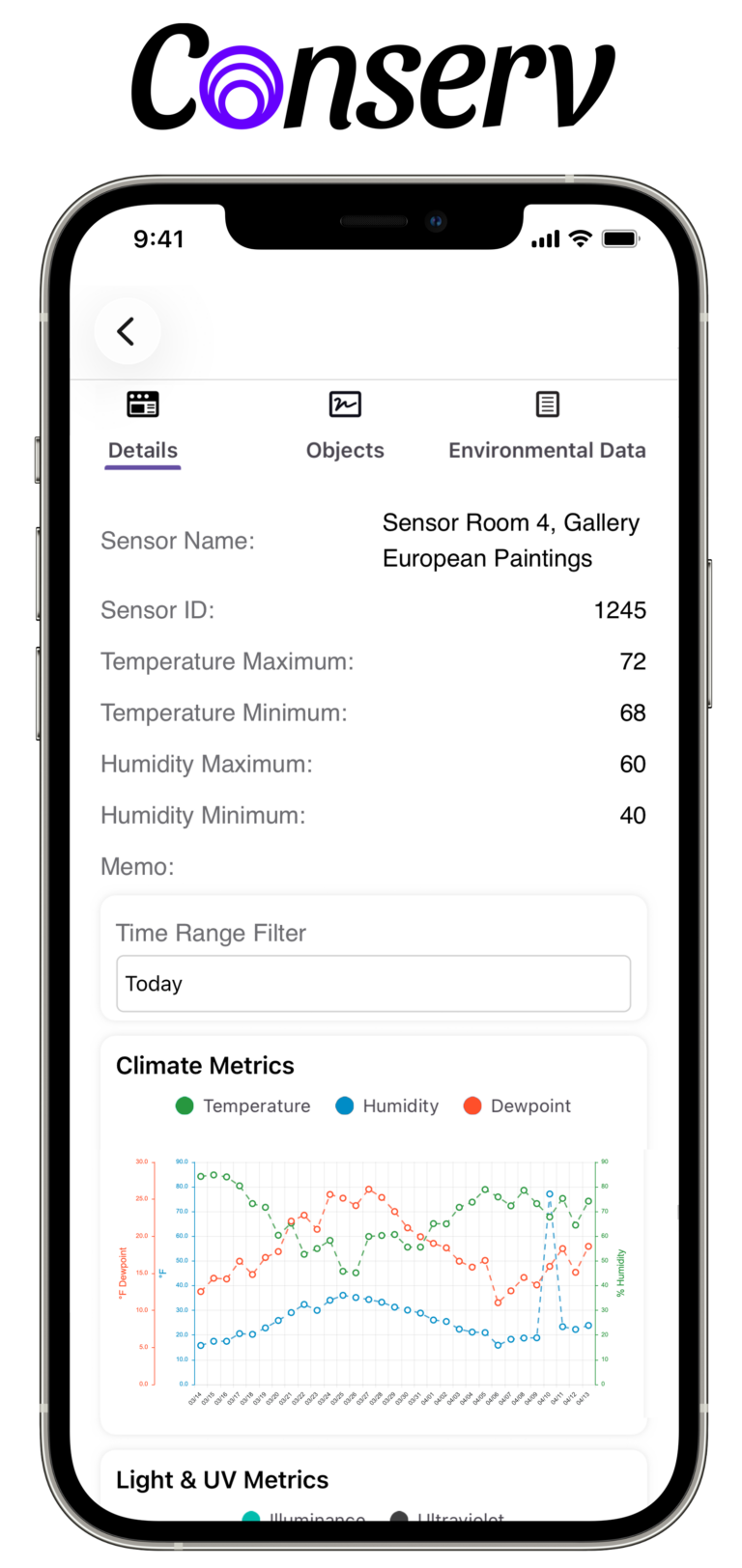 Collector Systems mobile app environmental sensor feature integrated with the Conserv software to monitor temperature and humidity.