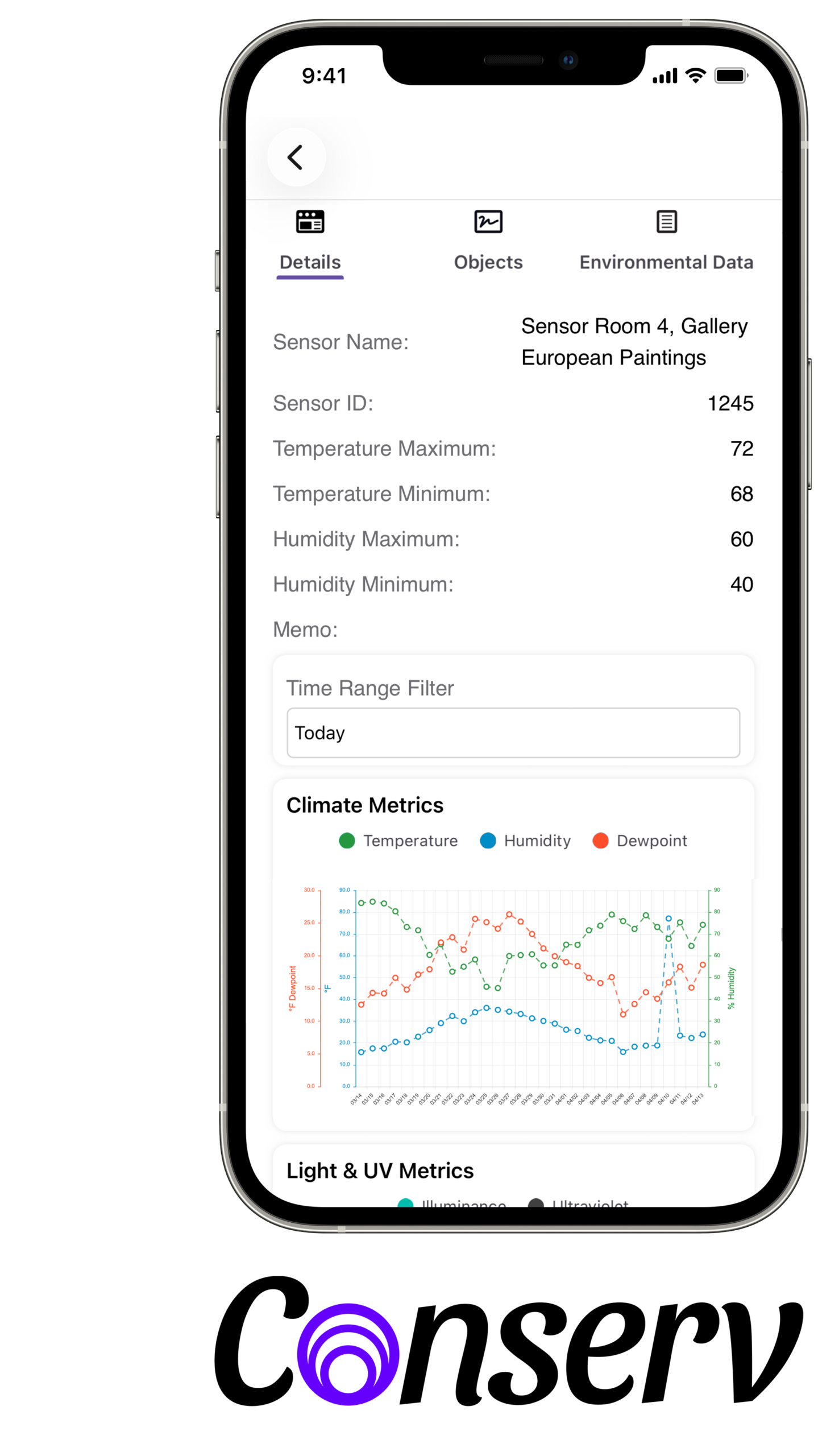 Collector Systems mobile app environmental sensor feature integrated with the Conserv software to monitor temperature and humidity.