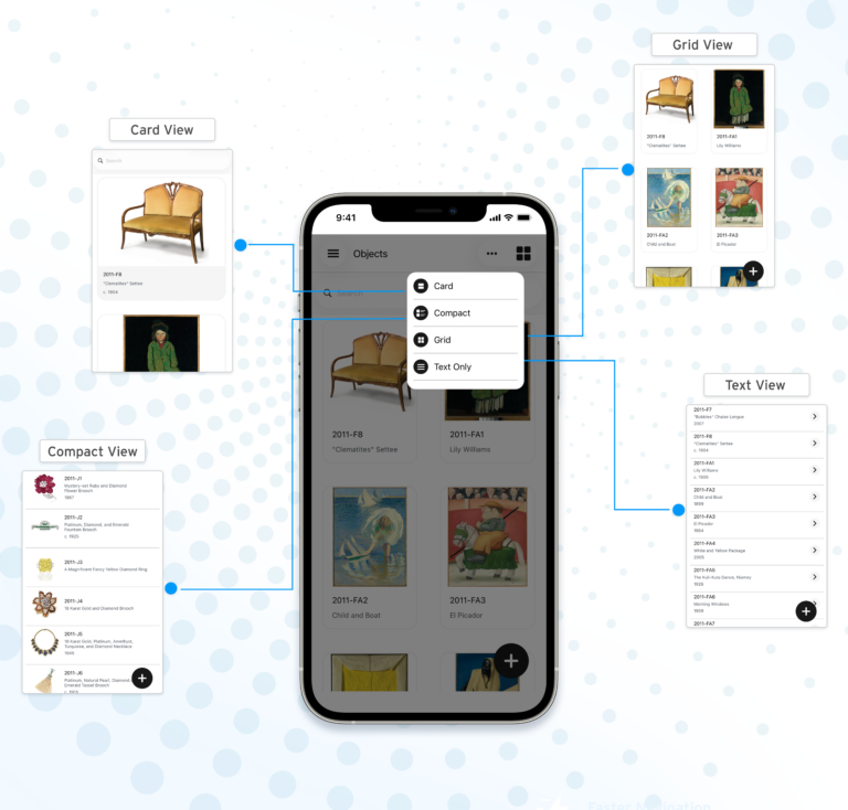 New views for Collector Systems Mobile App. Four new views to switch between Grid, Text Only, Card for larger images, and compact views