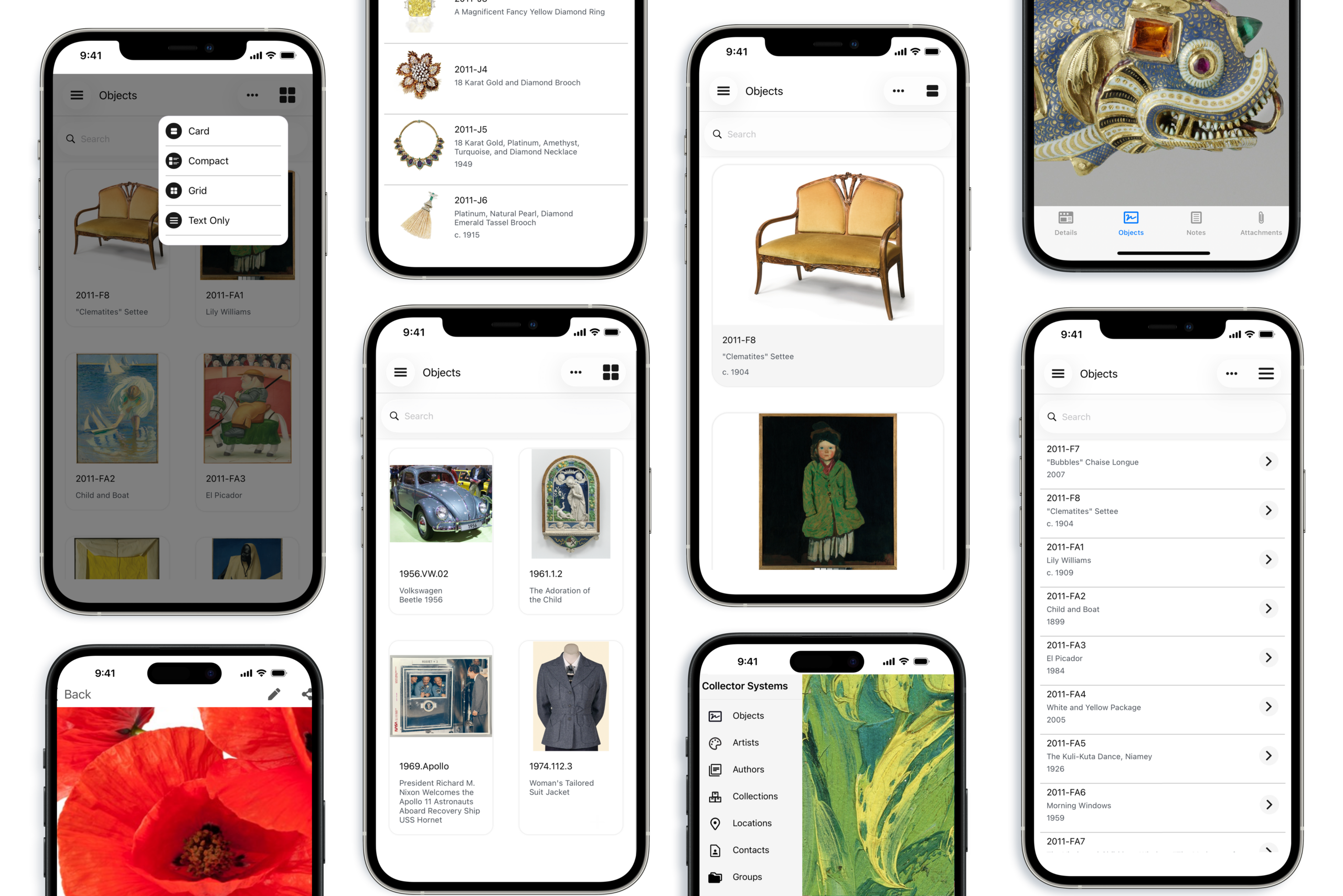 Several images of Collector Systems Mobile App on iphones and android devices showing art, furniture, cars, antique collection objects to view and document information.