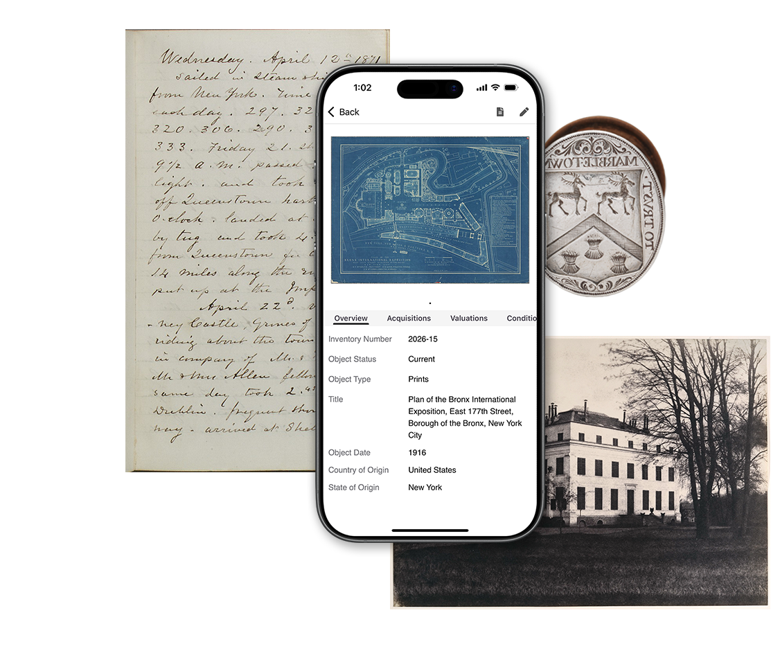 Collector Systems mobile app showing object details, displayed alongside archives and history collection items.