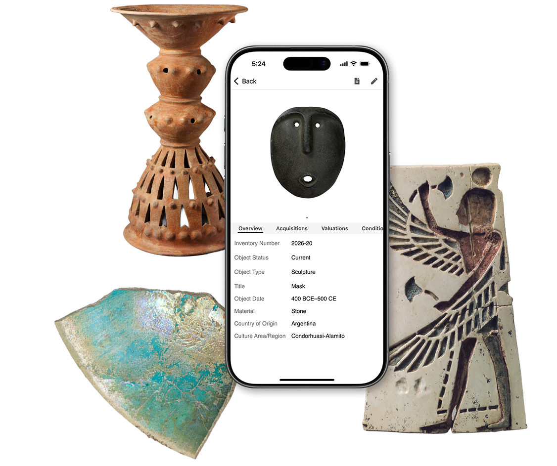 Collector Systems mobile app showing object details, displayed alongside archeology and ethnology collection items.