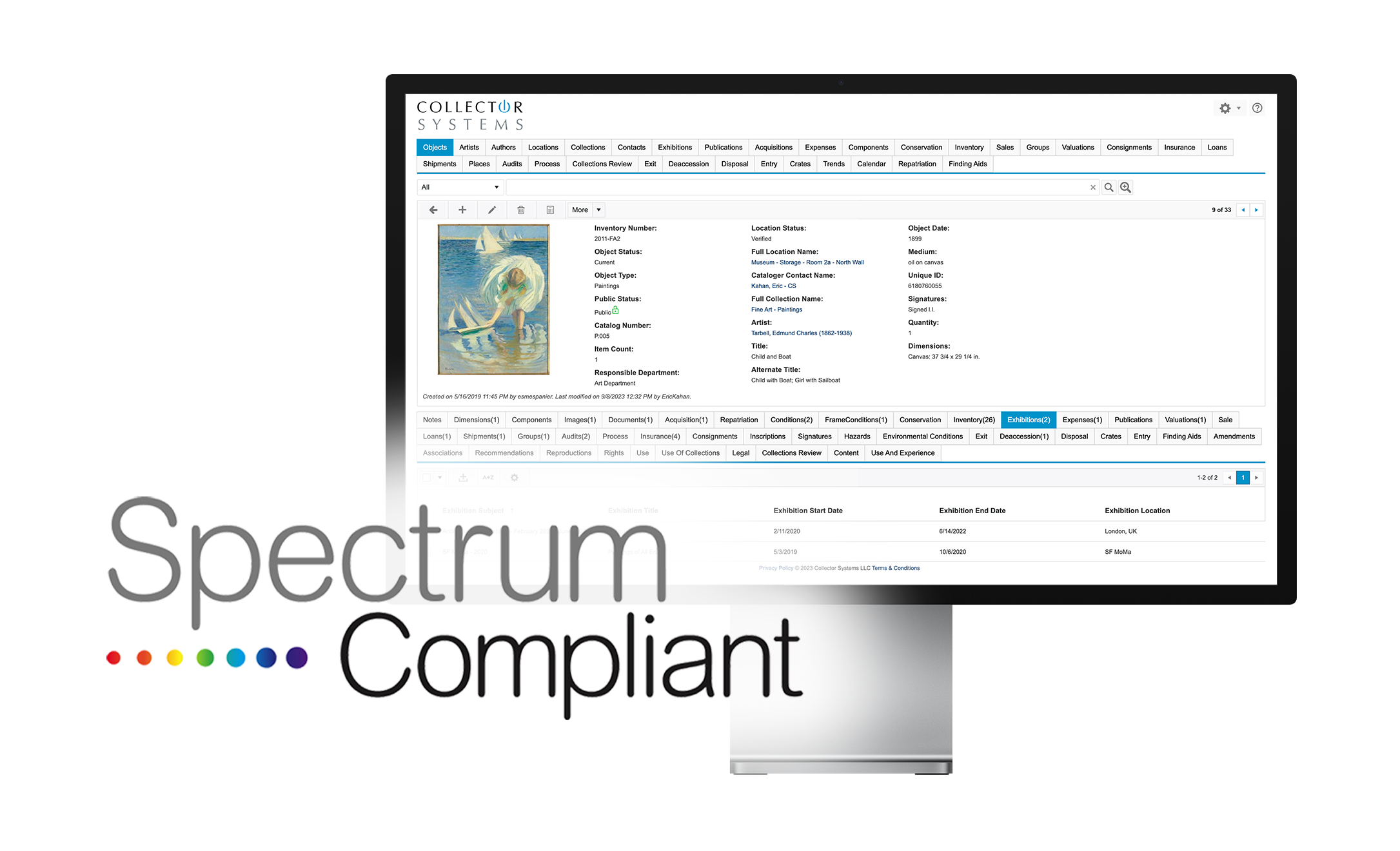 Collectors Systems desktop screen dashboard displaying an object record overlaid with the Spectrum Compliant logo.