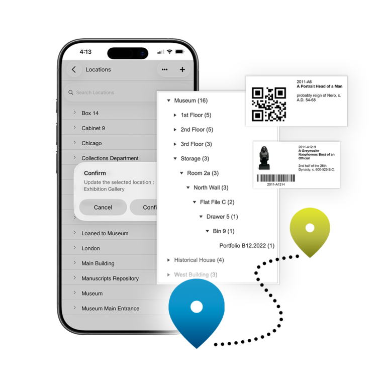 Collector Systems mobile app showing location tree, QR code, and barcode labels with map pins.