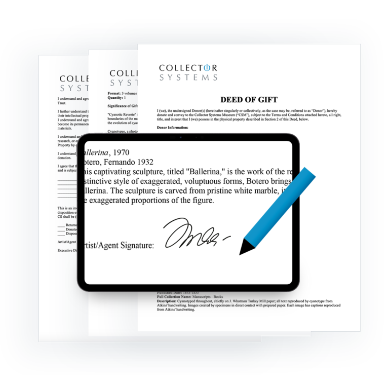 Collector Systems deed of gift documents with a tablet showing a digital signature.