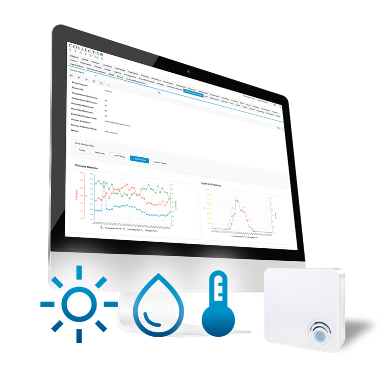 Collector Systems climate monitoring dashboard with light, humidity, and temperature icons and a Conserv sensor device.