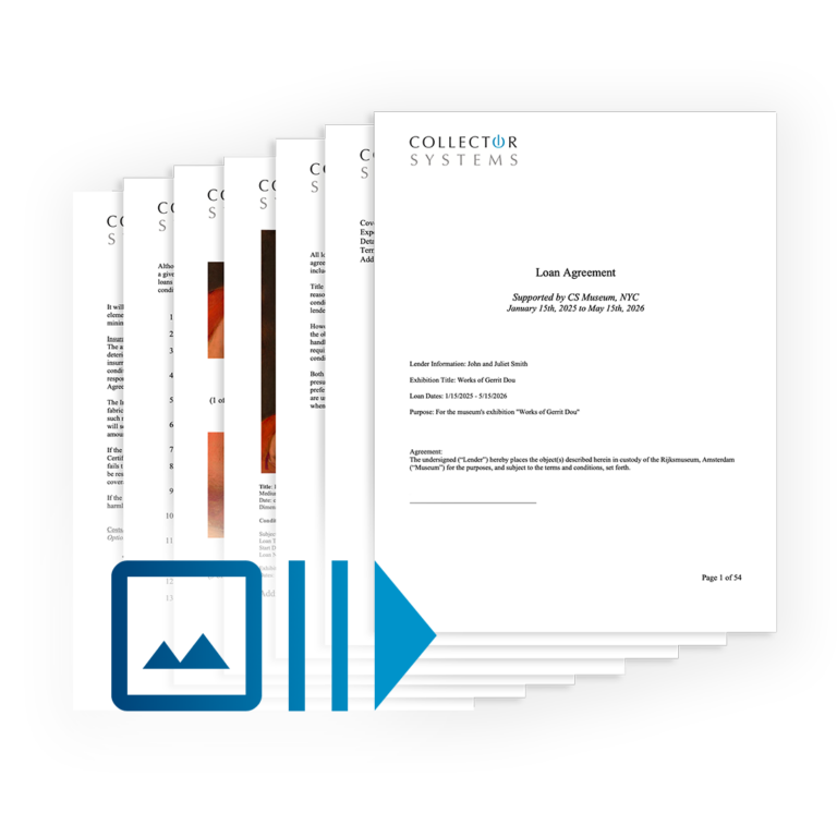 Collector Systems loan agreement documents stacked with moving artwork icon.